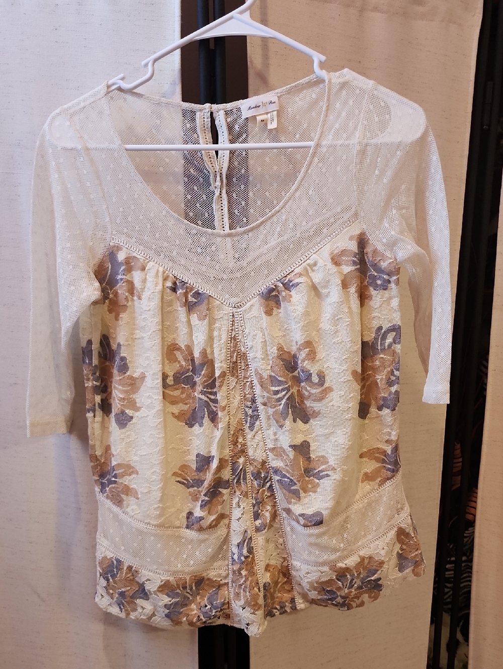 Meadow Rue Top By Anthropology Cream Blouse with Blue and Tan Floral Print